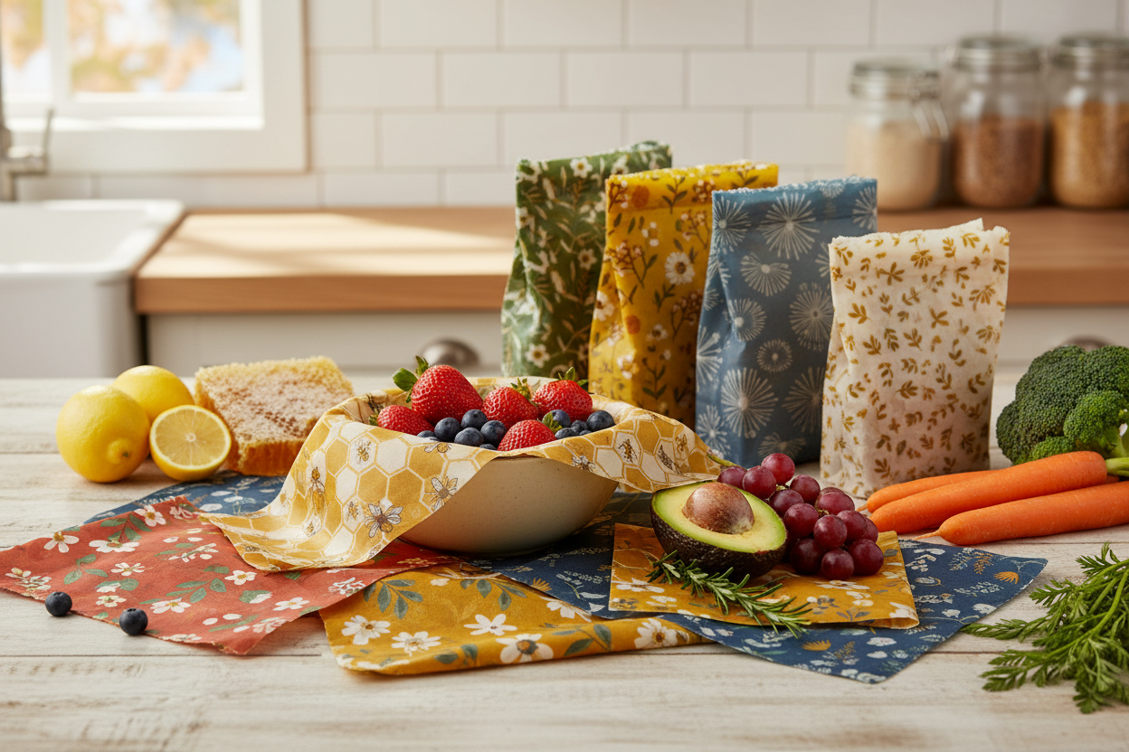 make the image about reasable beeswax food wraps and bags